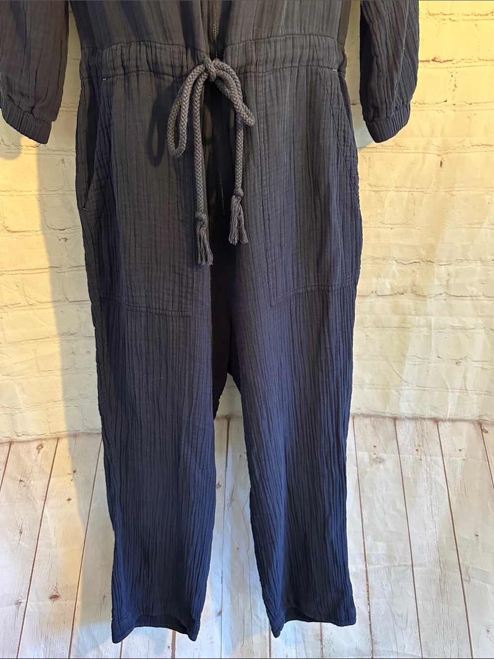 Sundry 3/4 Sleeve Tie-Waist Jumpsuit 100% Cotton Navy with Pockets Size 2 - Picture 4 of 9